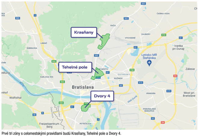 Prvé tri zóny s celomestskými pravidlami budú Krasňany, Tehelné pole a Dvory 4. 