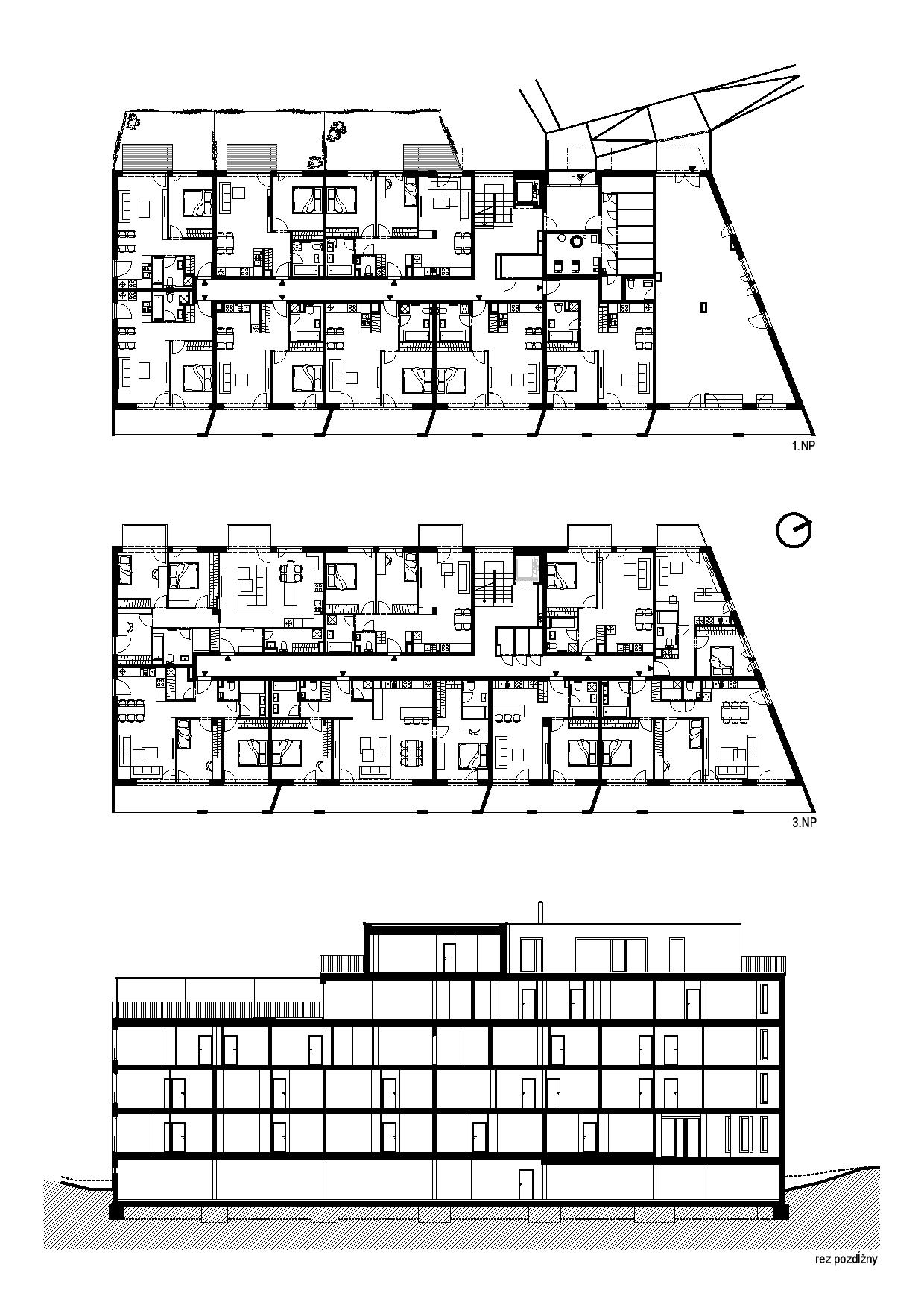 Pôdorys 1. NP (hore), pôdorys 3. NP a rez (dole).