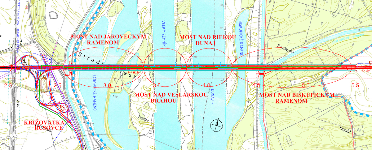 Obr. 2 Vyznačenie štyroch mostov Dunajského súmostia