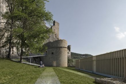 Hrad Lednica nadvorie hradne I. nove hospodarska budova a vstupna lavka do basty vizualiacia o
