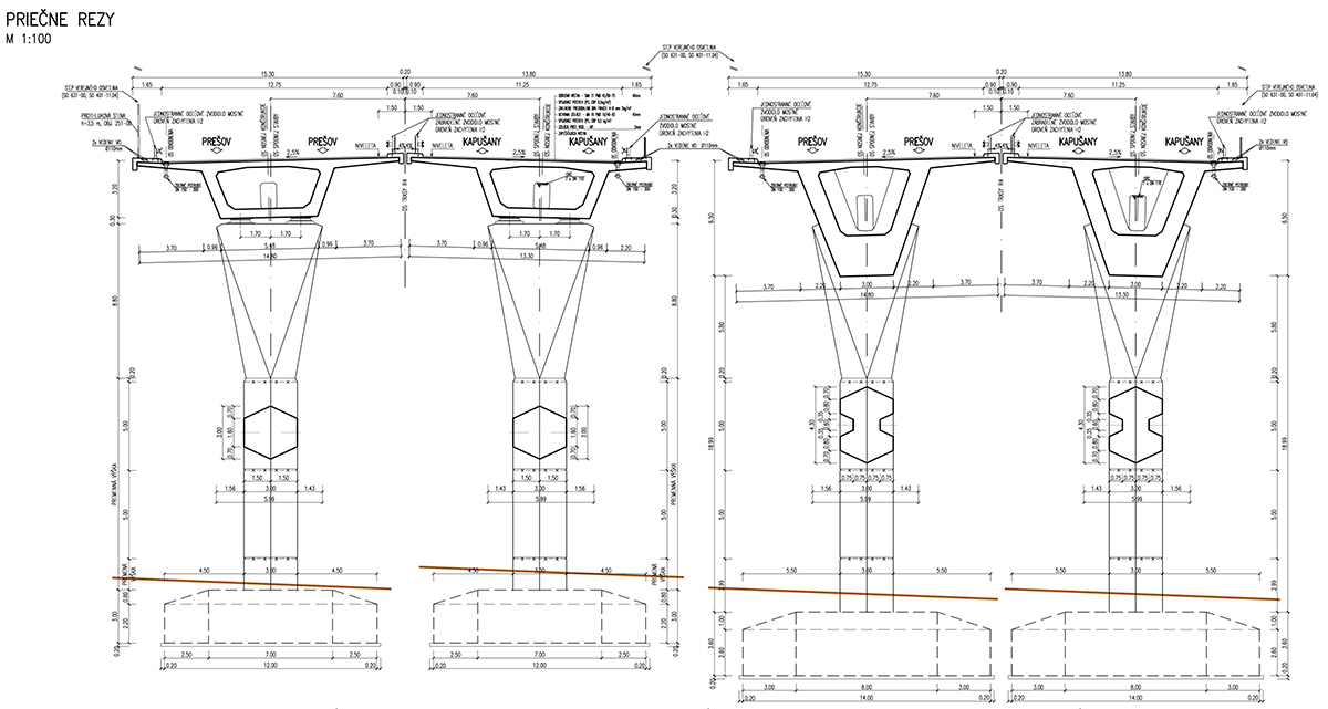 Obr. 3 Priečne rezy nosnej konštrukcie mosta vrátane charakteristického tvaru podpier