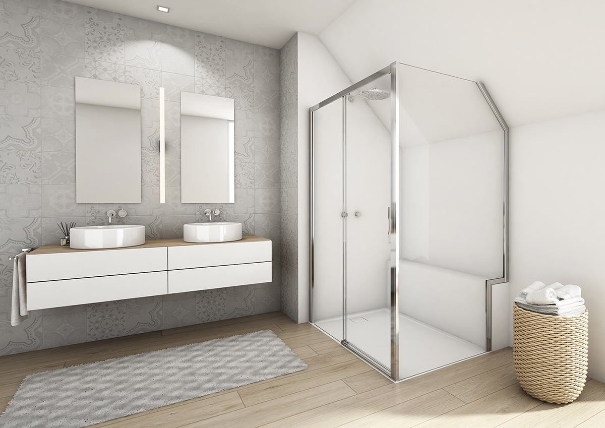 Sprchový kút DIVERA do atypicky riešenej kúpeľne l Jednodielne posuvné sprchové dvere, bočná stena s výrezom a skosením