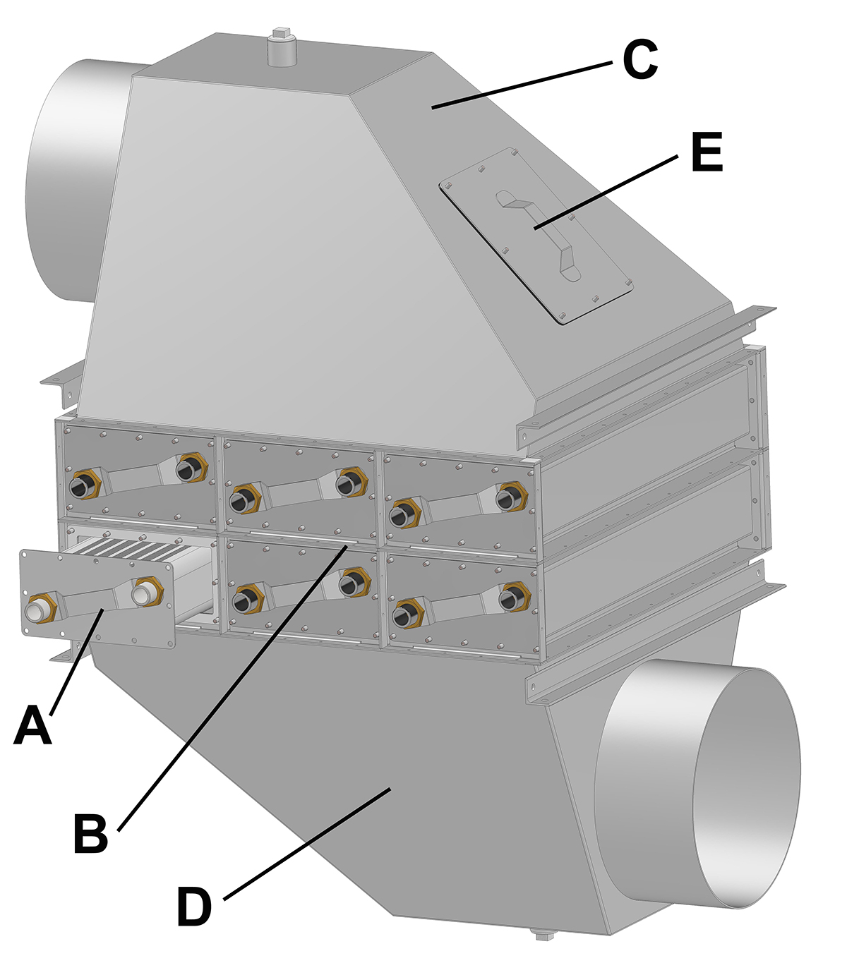 Obr. 2 Modul RECOLINE A) doskový výmenník GTL, B) blok výmenníkov tepla, C) vstupný blok horúceho plynu, D) výstupný blok ochladeného plynu s odvodom kondenzátu, E) servisný otvor