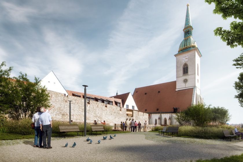 Vizualizácia Plató nad Staromestskou ulicou s dómom sv. Martina