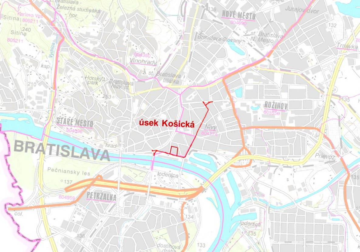 Mapka trasy električkovej trate, úsek Košická v Bratislave