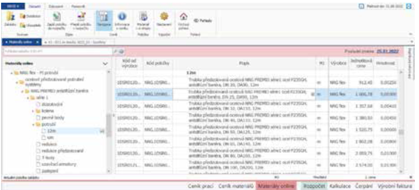 Obr. 2 Náhľad na sortiment NRG flex v SW KROS 4 v „Materiáloch“ online