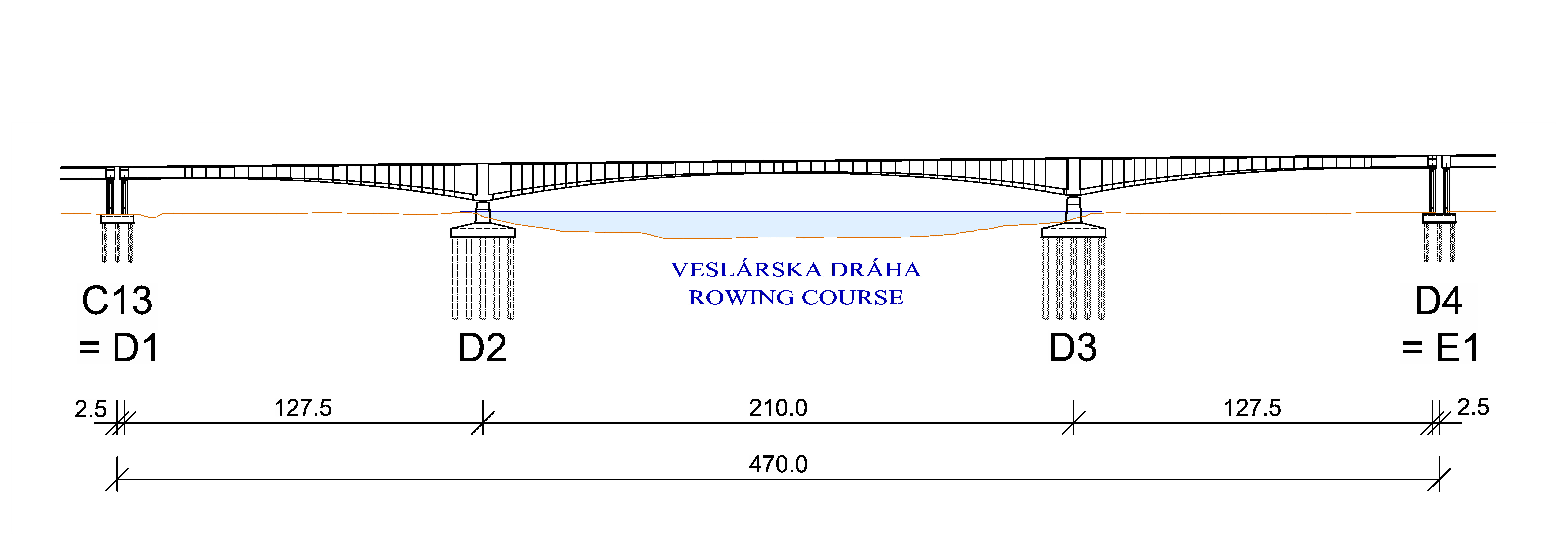 Obr. 2 Pozdĺžny rez mostom