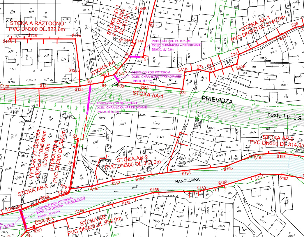 Obr. 2 Ilustračný výsek situácie kanalizačnej siete v Ráztočne na podklade katastrálnej mapy