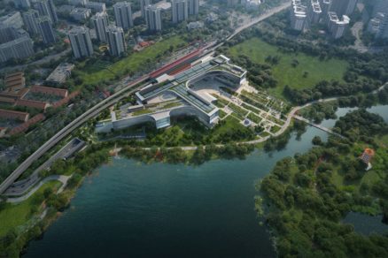 Pohľad z vtáčej perspektívy na nové Vedecké centrum v Singapure.