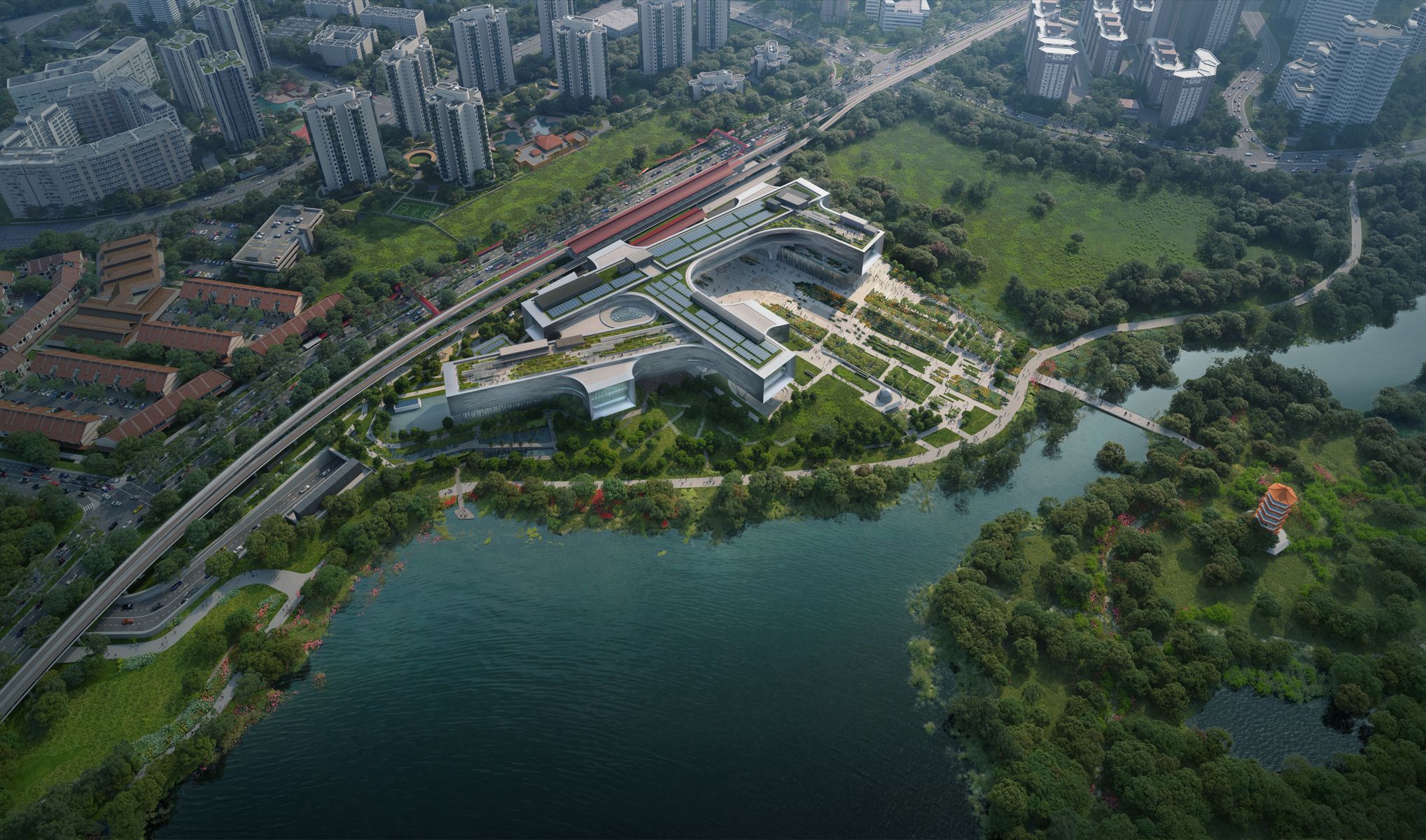 Pohľad z vtáčej perspektívy na nové 
Vedecké centrum v Singapure.