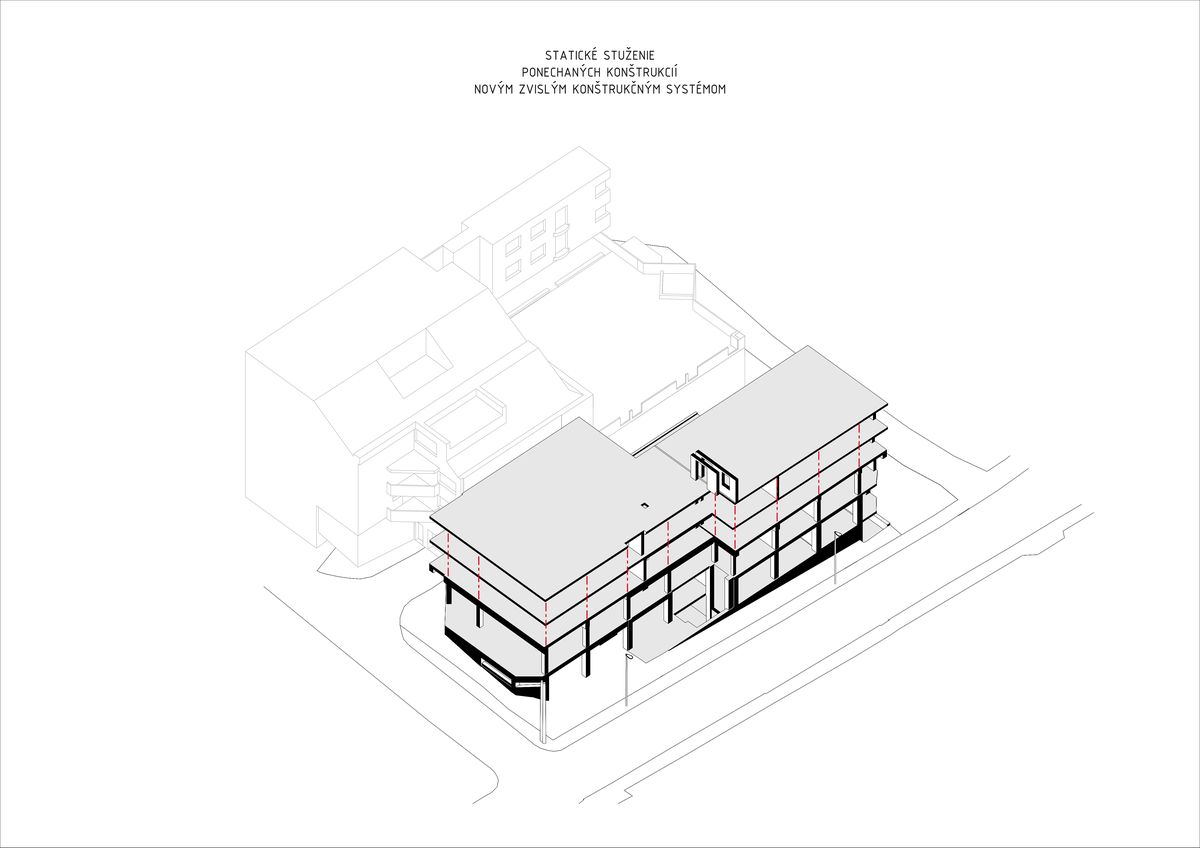 Statické stuženie ponechaných konštrukcií novým zvislým konštrukčným systémom.