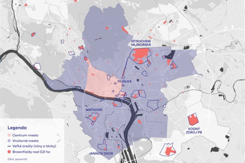 Mapa vnútorného mesta so zmapovanými územiami brownfieldov MIB