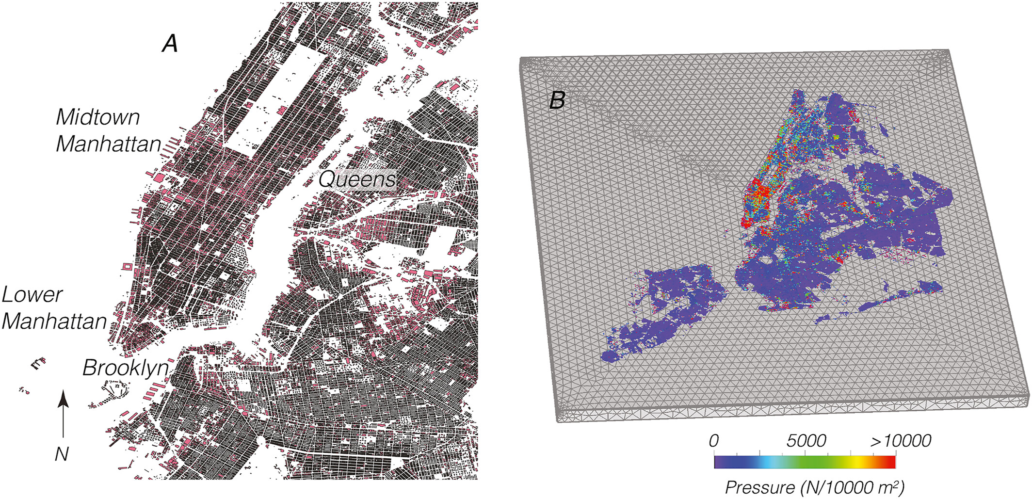 Časti New Yorku, zobrazujúce Manhattan, Queens a Brooklyn. Základné obrysy a údaje o výške sa použili na výpočet celkových hmotností budov. 