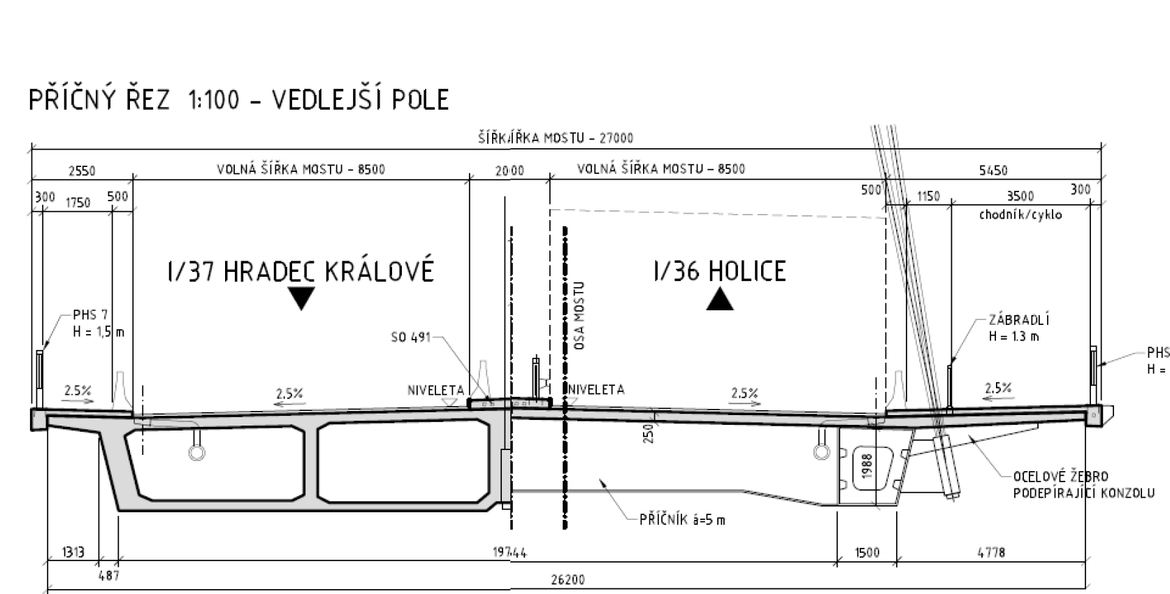 Obr. 1 Vzorový priečny rez hlavným poľom (vpravo) a vedľajším poľom (vľavo)