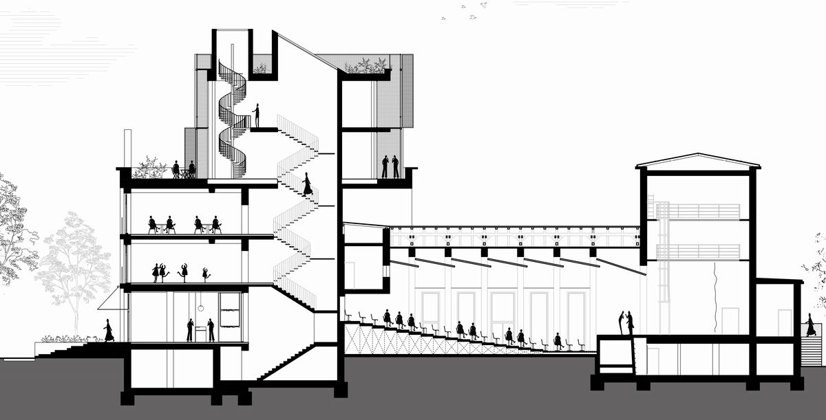 Prvá cena, návrh ateliéru young.s architekti, rez budovou