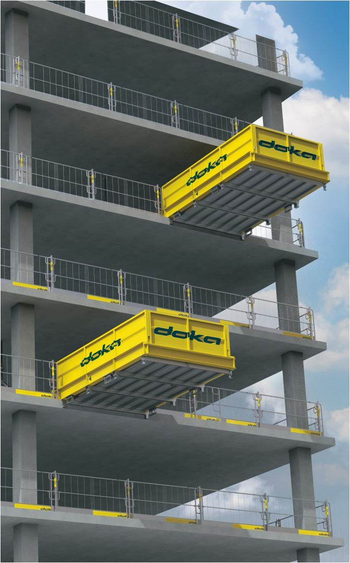Nasadenie vysokoúnosných, prenajímateľných Doka-vykladacích plošín na výškovej budove. 