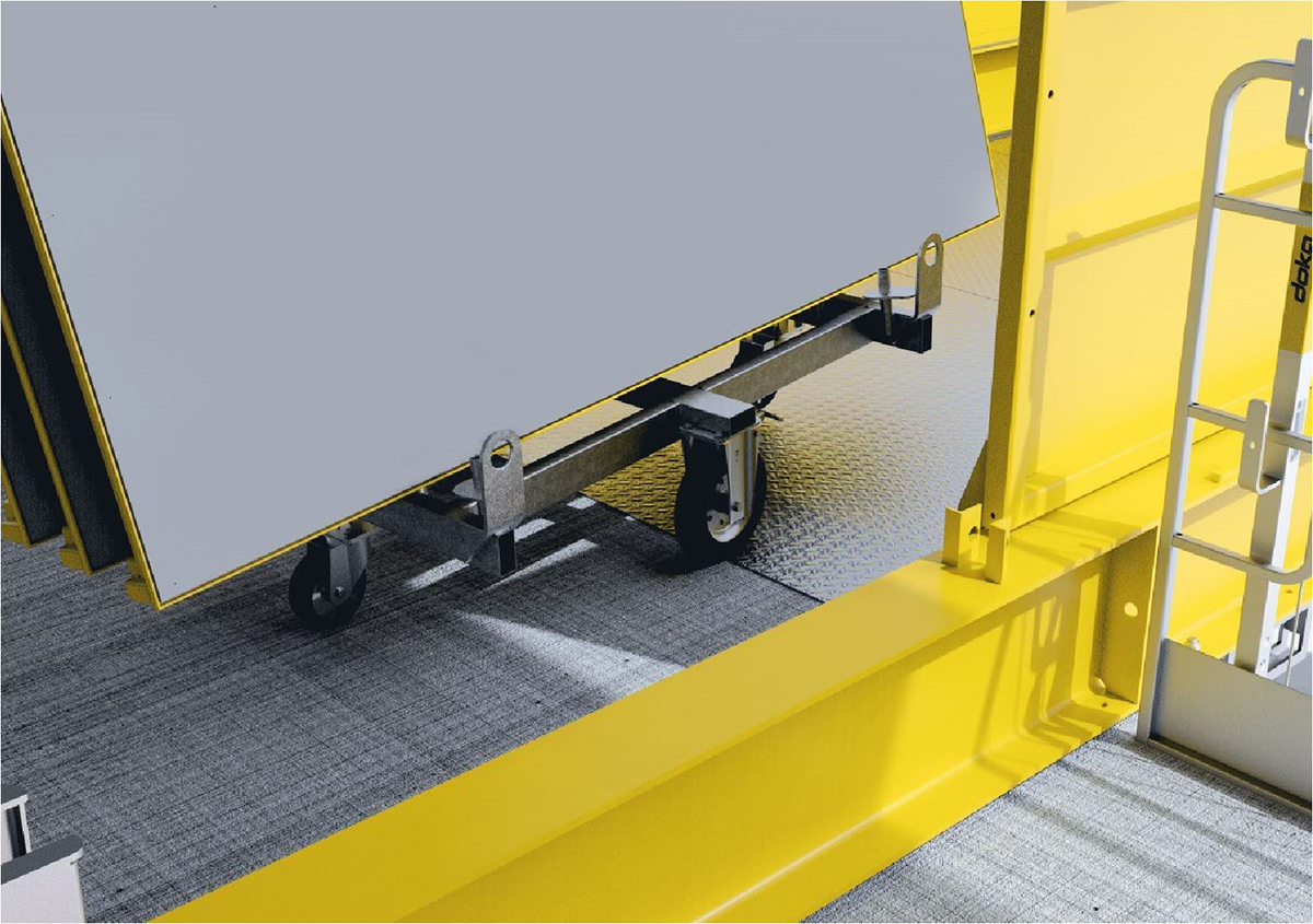 Nájazdová rampa umožňuje bezpečný a jednoduchý prechod medzi plošinou a stavebnou konštrukciou
