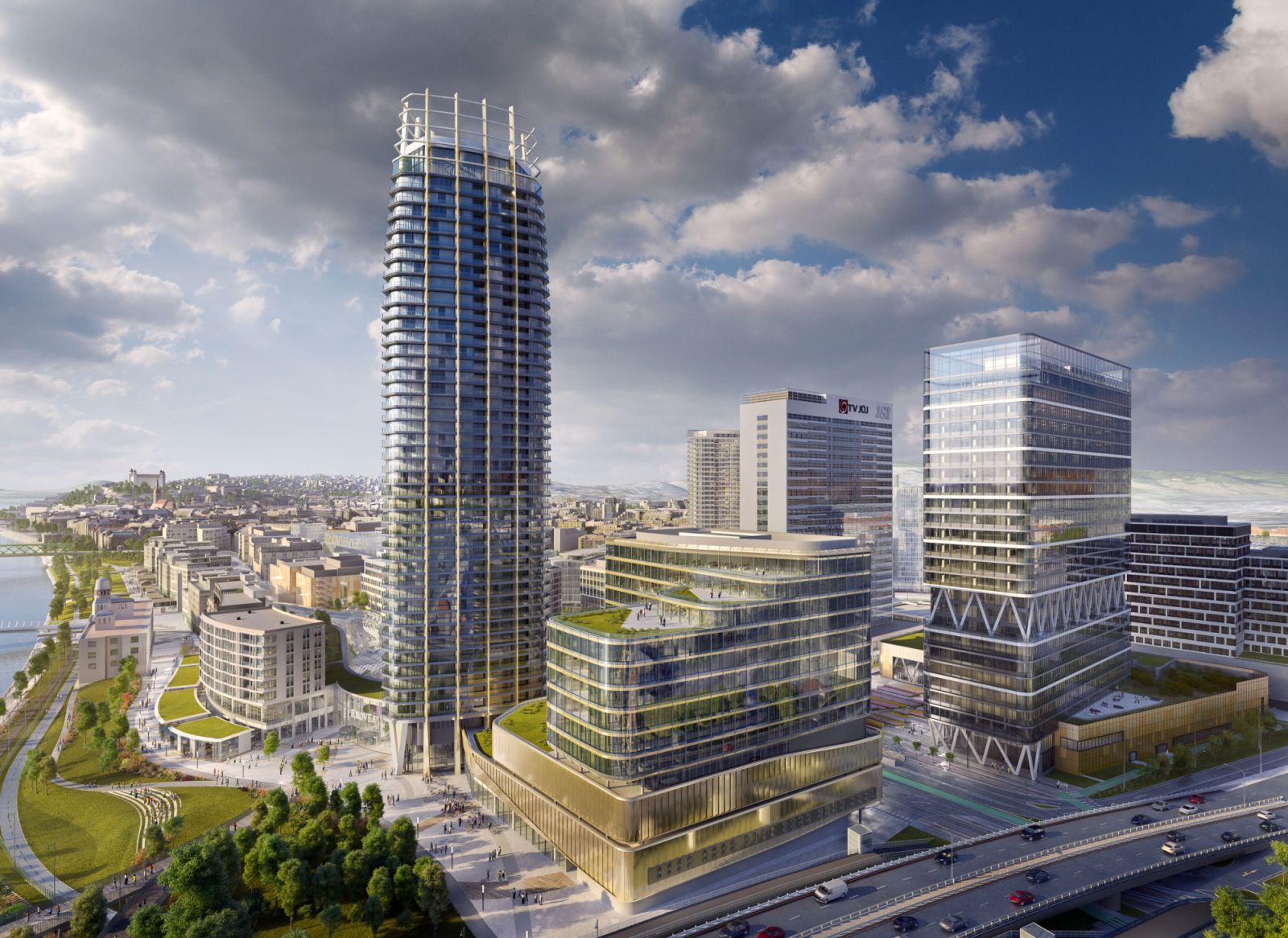 Zóna Eurovea CIty s mrakodrapom Eurovea Tower i budovou East Tower