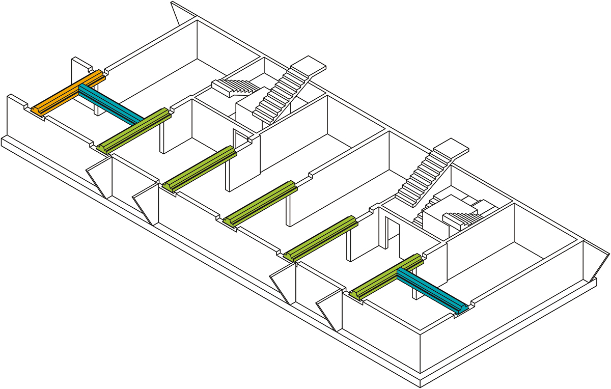 Schéma rozloženia a uloženia nosníkov DELTABEAM® v projekte bytového komplexu Rivapark v Dunajskej Strede. Každý transferový nosník je vyrobený na mieru vo výrobnom závode Peikko v Kráľovej nad Váhom.