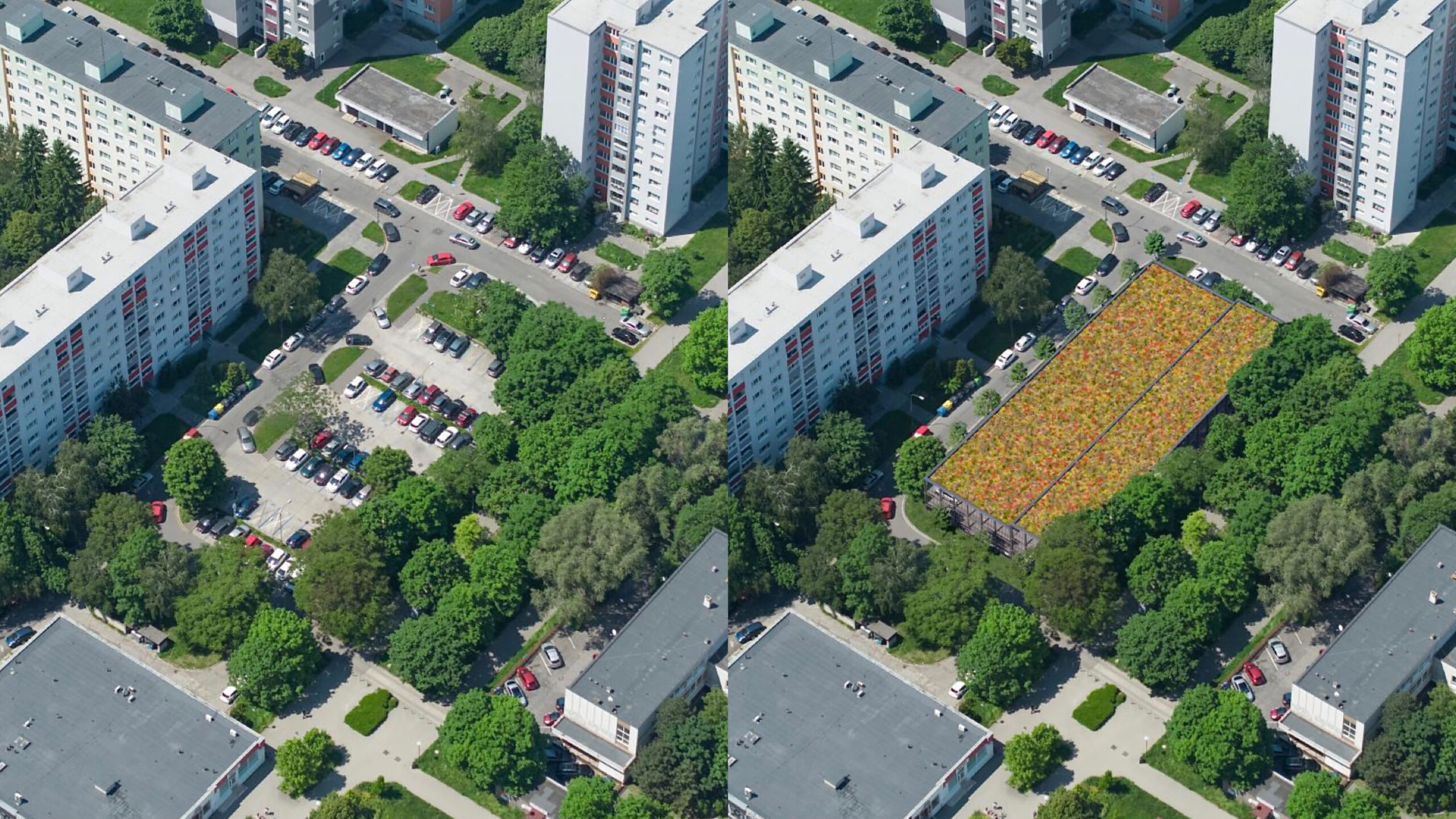 Parkovací dom na Wolkrovej v Petržalke – súčasný stav (vľavo), navrhovaný stav (vpravo)