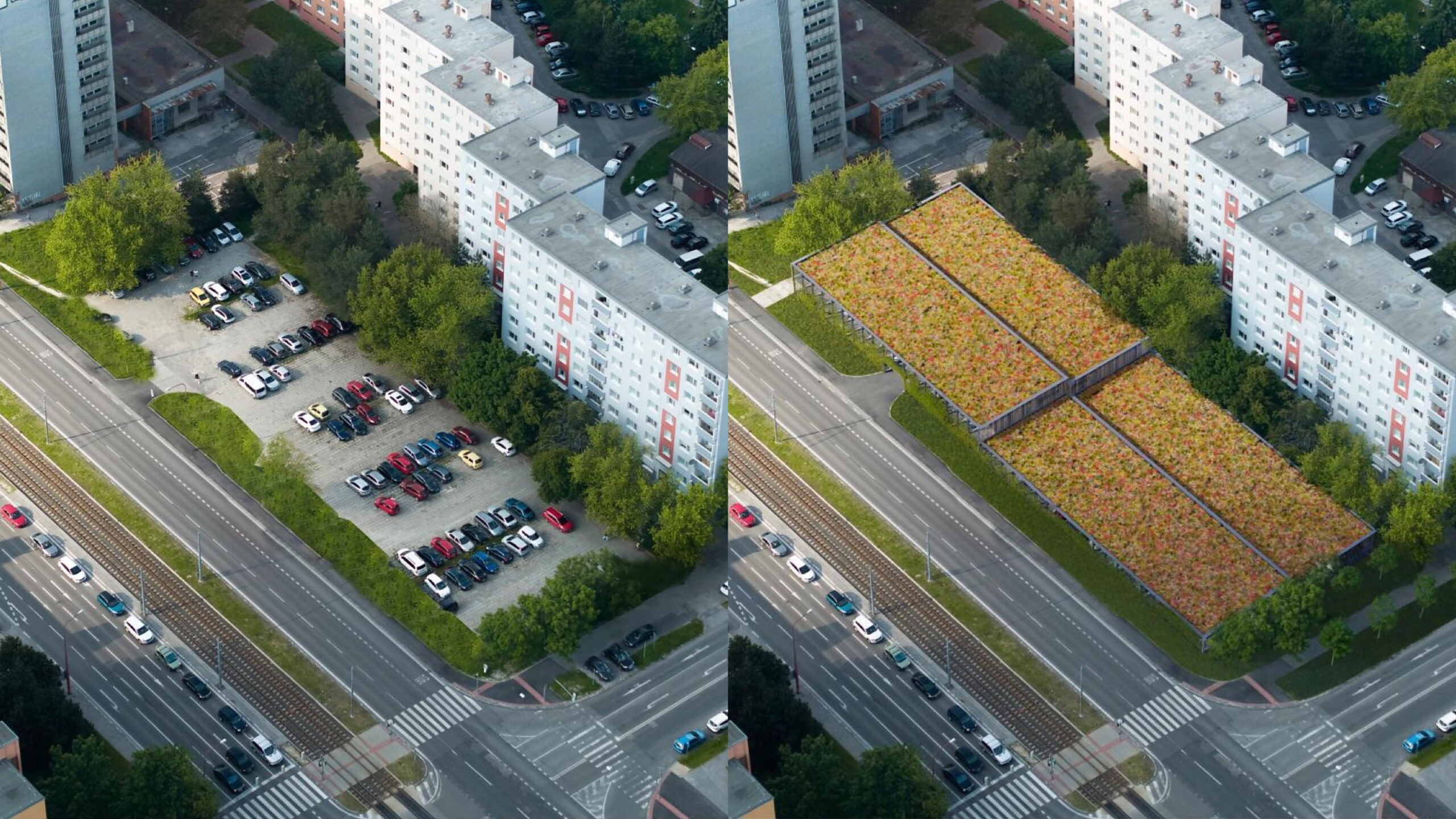 Parkovací dom na Saratovskej v Dúbravke – súčasný stav (vľavo), navrhovaný stav (vpravo)