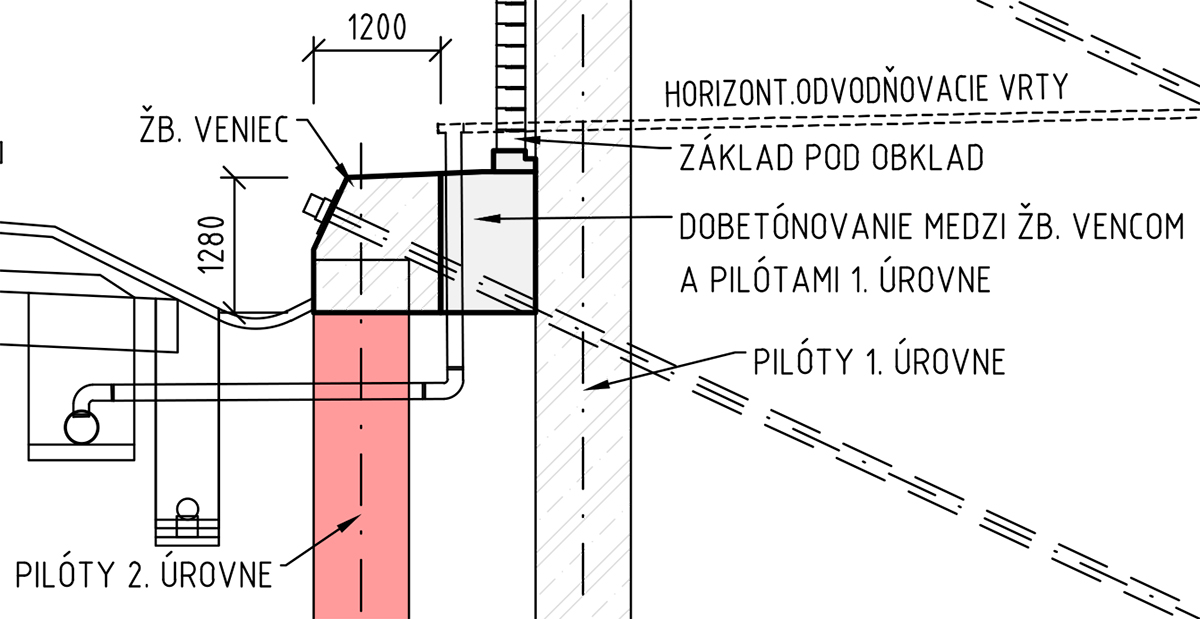 Obr. 5 Priečny rez kotevným prahom 2. úrovne pilót