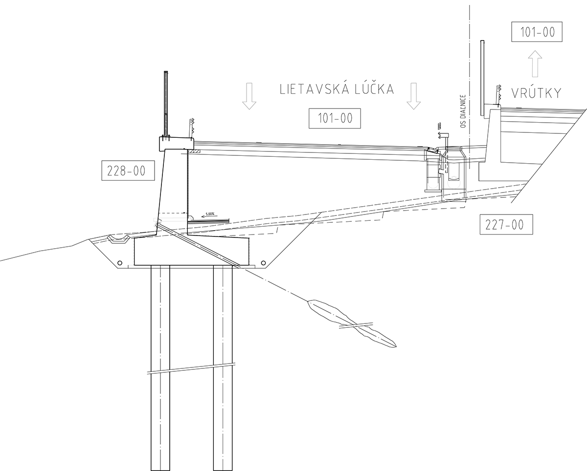 Obr. 7 Priečny rez múrmi 228-00 a 227-00 – pôvodné riešenie