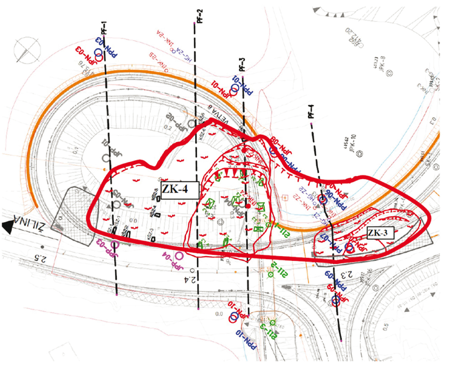 Obr. 3 Situovanie zosuvov ZK-3 a ZK-4 vo vzťahu k trase privádzača – hrubou čiarou je vyznačený pravdepodobný tvar fosílneho zosuvu. (Kopecký, 2021)