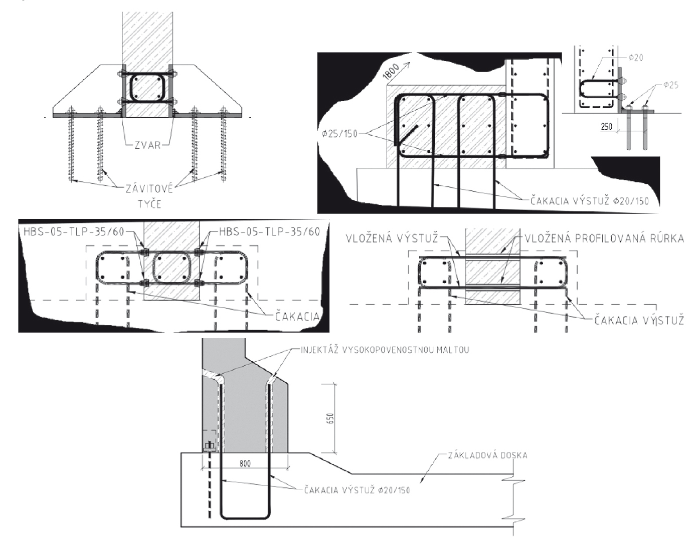 Obr. 4 Kotvenie na chemickú kotvu (vľavo hore), naspojkovaná výstuž s dodatočným zmonolitnením + kotvenie v montážnom štádiu (vpravo hore), naspojkovaná výstuž s dodatočným zmonolitnením z oboch strán (vľavo v strede), s vloženými výstužami (2x U) do profilovanej rúry (vpravo v strede) a zalievaním + montážnym šmykovým tŕňom (dole)