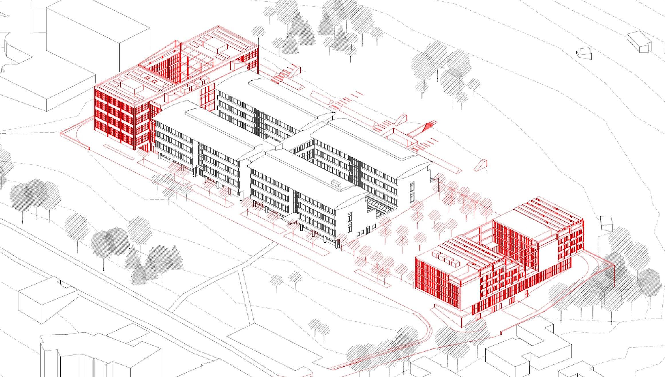 Prvá etapa projektu - technologický pavilón (spojený s budovou vľavo) a internátna budova oddelená od súčasnej stavby (vpravo)