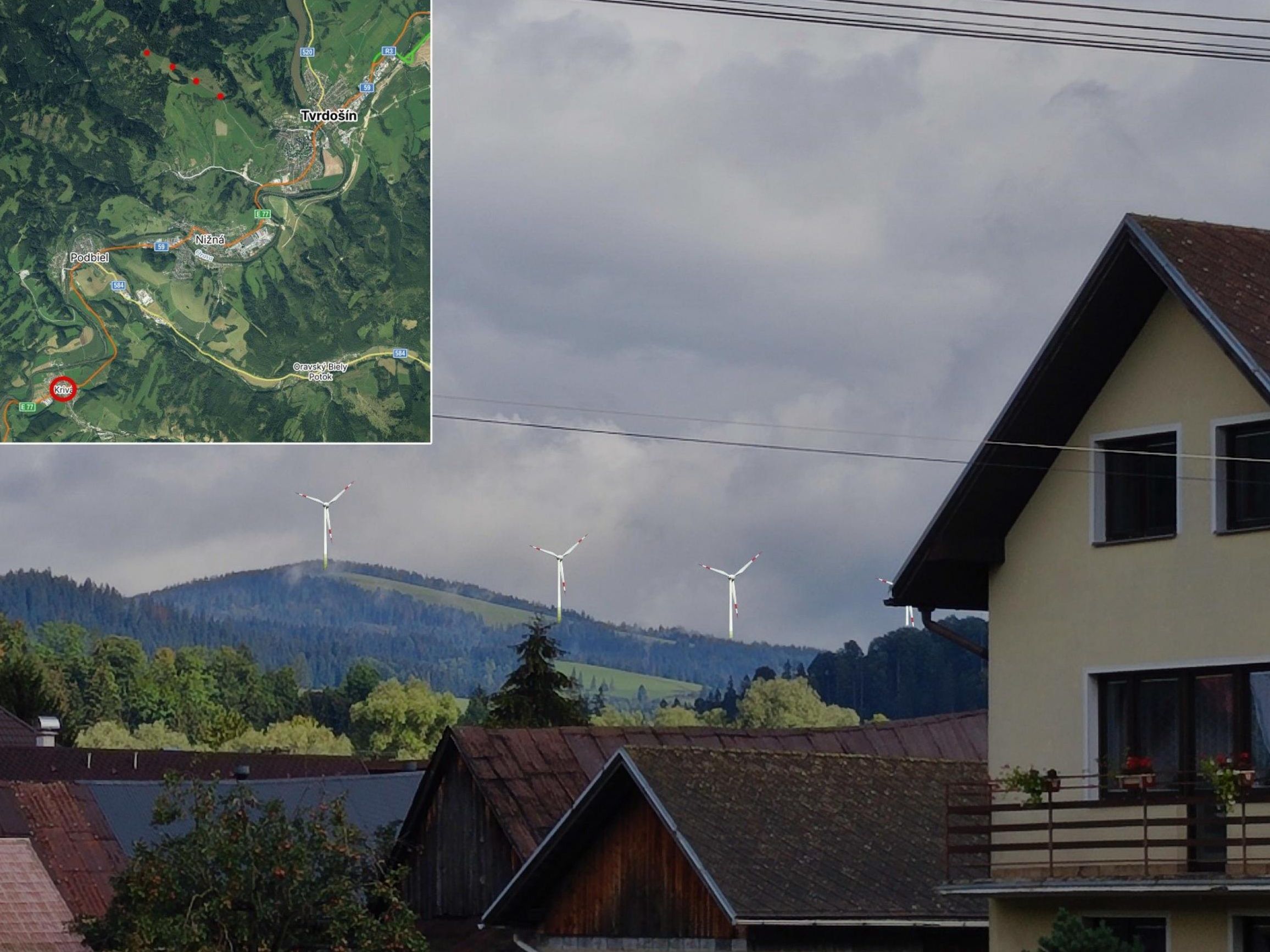 Vizualizácia pohľadu z obce Krivá, variant so 4 turbínami