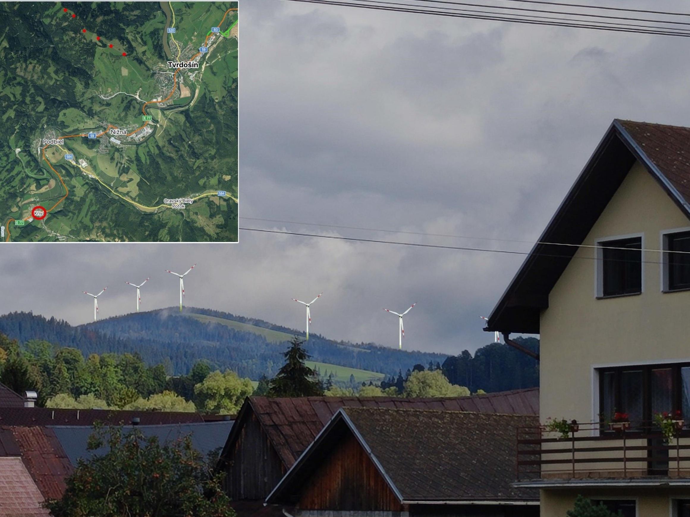Vizualizácia pohľadu z obce Krivá, variant so 6 turbínami