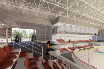 Pohľad na sky boxy a VIP lóže v hlavnej hokejovej hale ZŠVDZ.