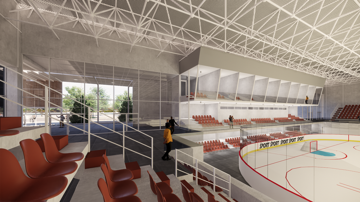 Pohľad na sky boxy a VIP lóže v hlavnej hokejovej hale ZŠVDZ - návrh