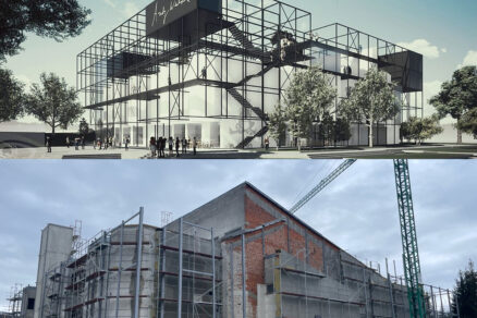 Vizualizácia budúcej podoby Múzea Andyho Warhola (hore) a aktuálny stav rekonštrukcie (dole)
