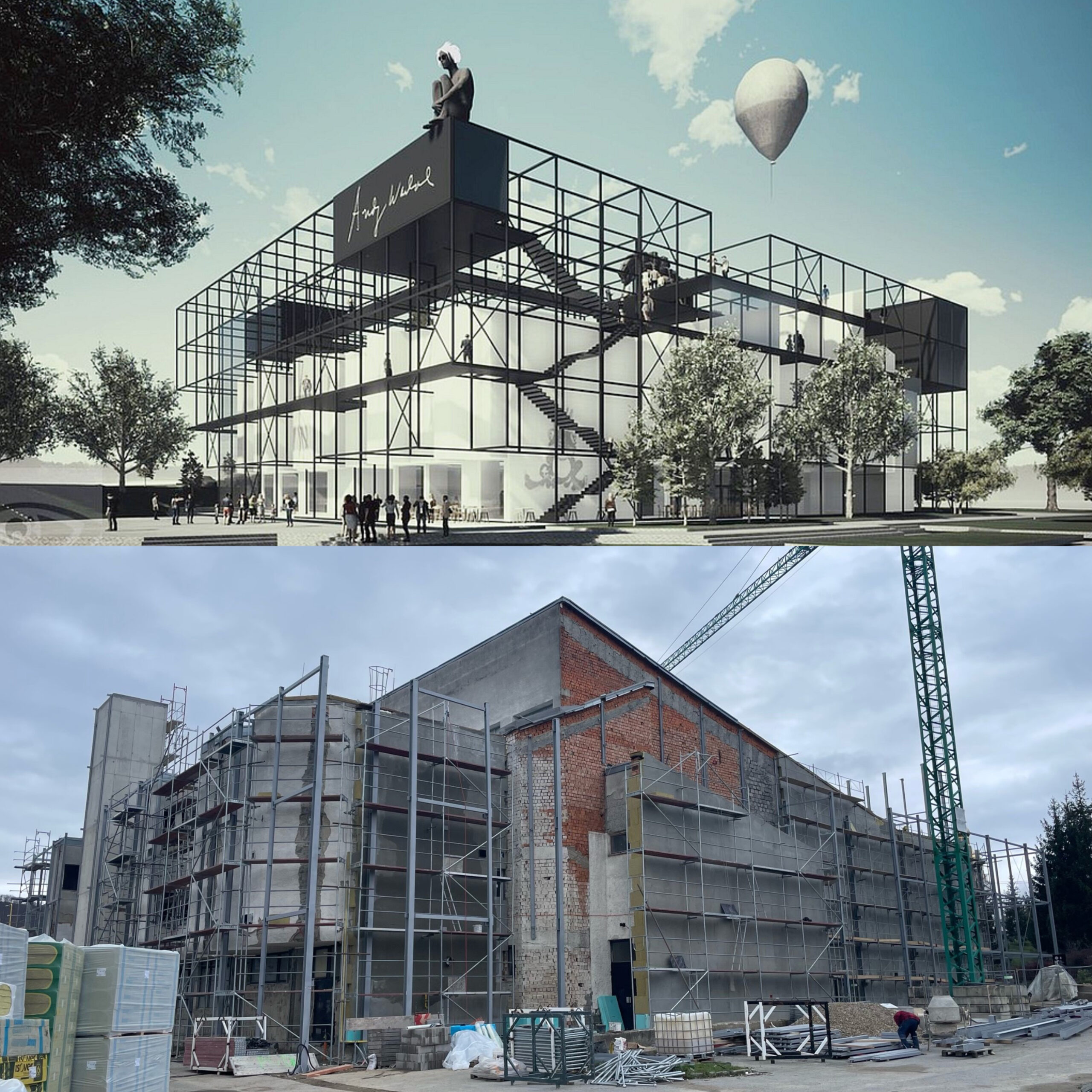Vizualizácia budúcej podoby Múzea Andyho Warhola (hore) a aktuálny stav rekonštrukcie (dole)