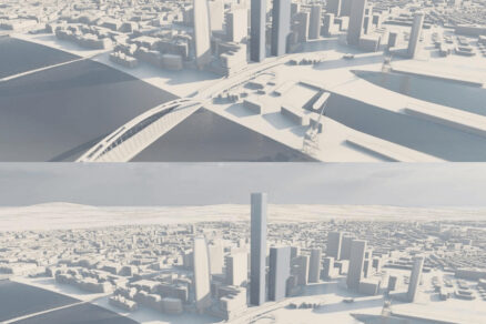Porovnanie prvého variantu (hore) s dvomi mrakodrapmi a druhého variantu (dole) s jedným mrakodrapom