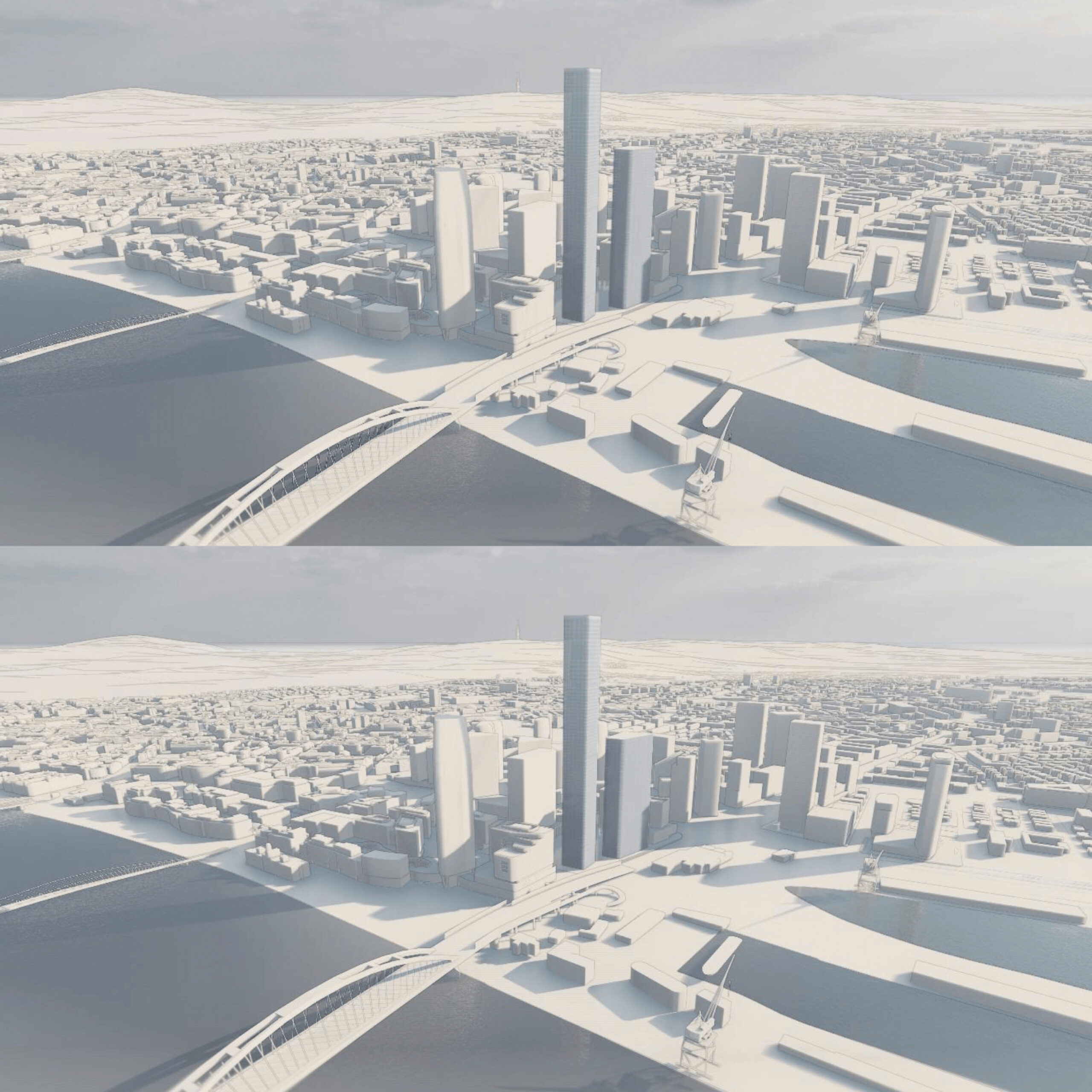 Porovnanie prvého variantu (hore) s dvomi mrakodrapmi o výške 260 a 180 metrov a druhého variantu (dole), kde sa mení len výška druhej budovy na 137 metrov