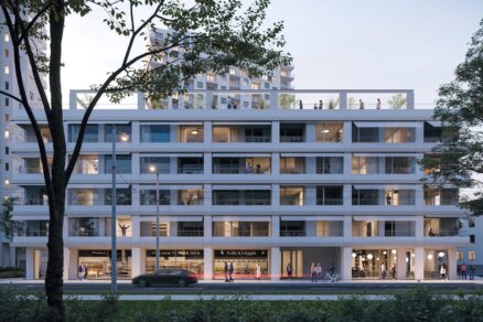 Projekt Kvarter - finálna architektonická podoba domu. V pozadí vidieť výškové budovy developmentu Jégeho Alej