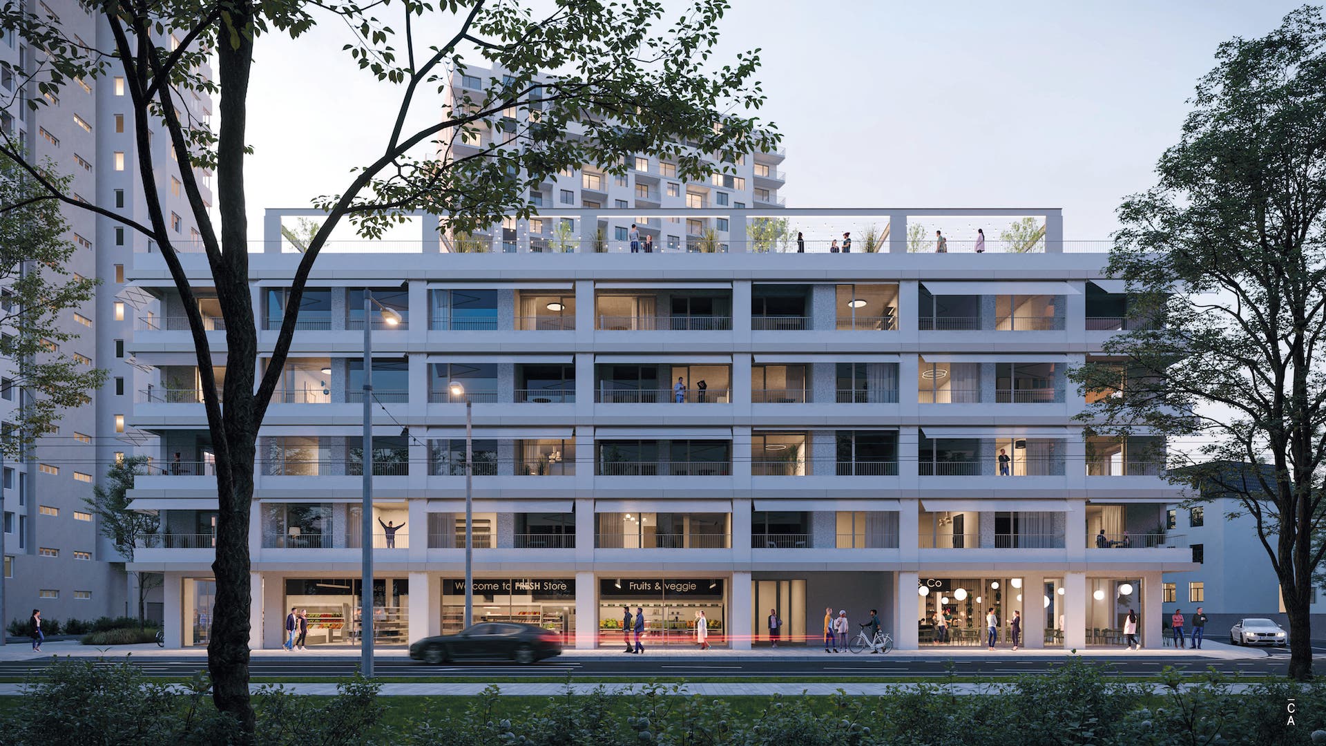 Projekt Kvarter - finálna architektonická podoba domu. V pozadí vidieť výškové budovy developmentu Jégeho Alej