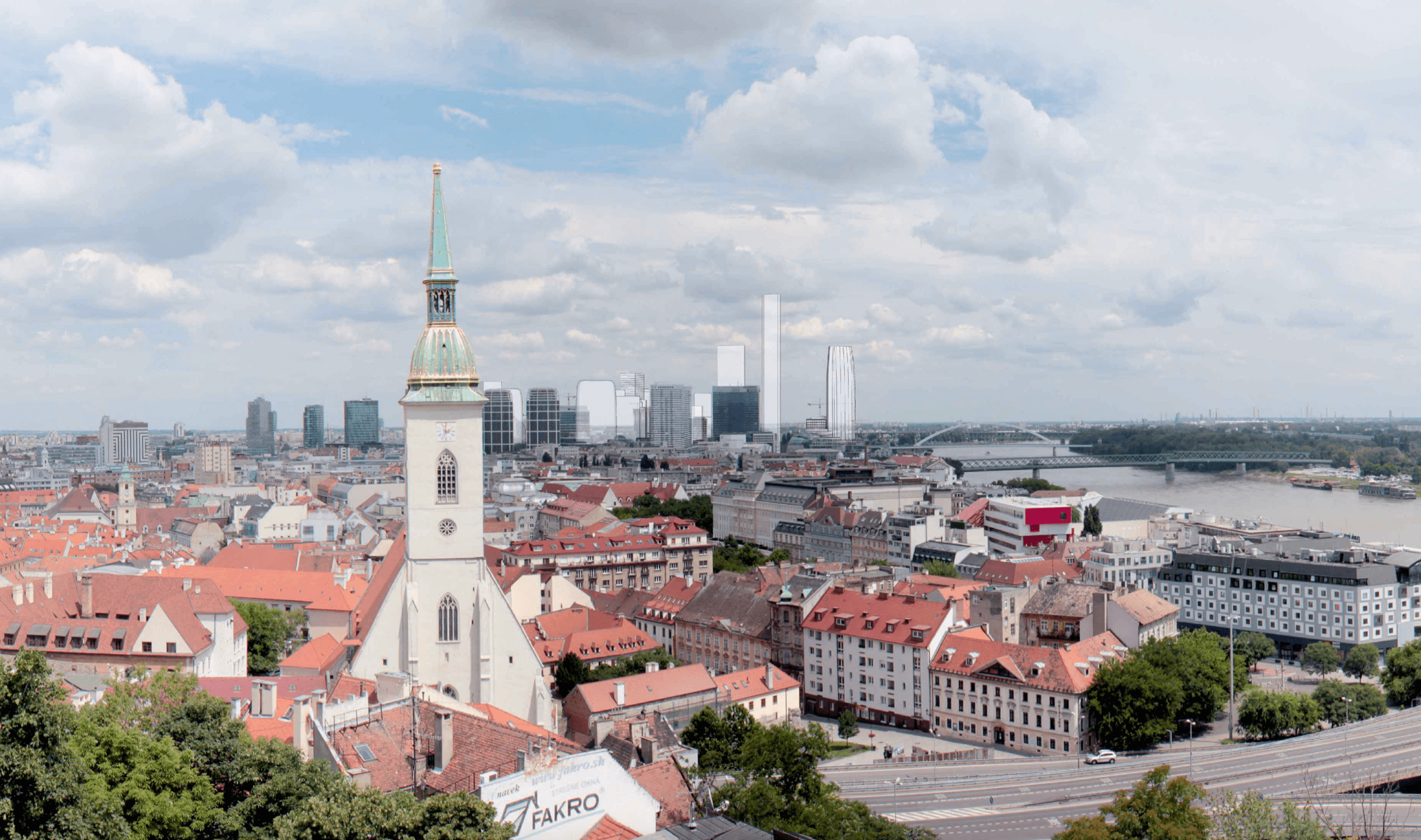 Vizualizácia prvého variantu umiestnenia nových mrakodrapov v downtowne - pohľad z Bratislavského hradu