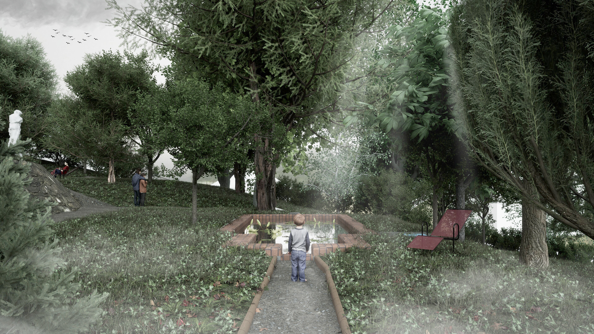 Vizualizácia budúcej podoby Kochovej záhrady – bazén s jazernou vodou