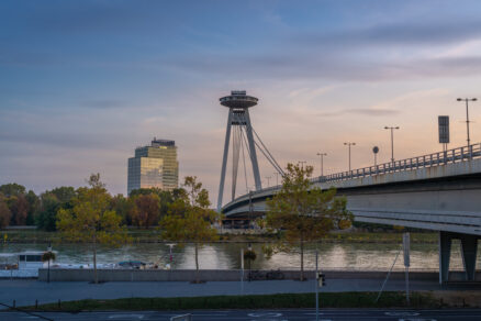 Skyline with SNP Bridge and UFO Tower at sunset Bratislava, Slovakia