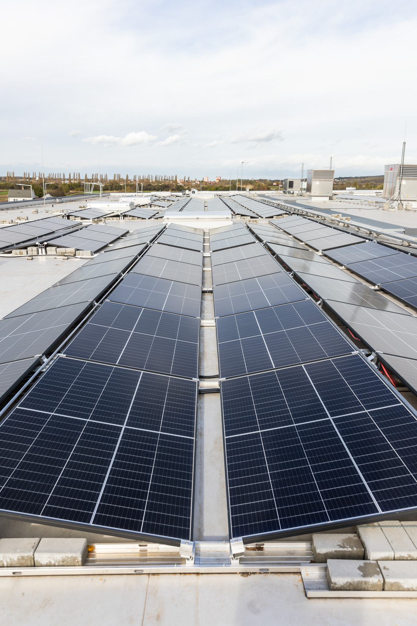 Dominantou strechy sú najmä solárne panely, ale nachádzajú sa tu aj dve menšie zelené strechy. 