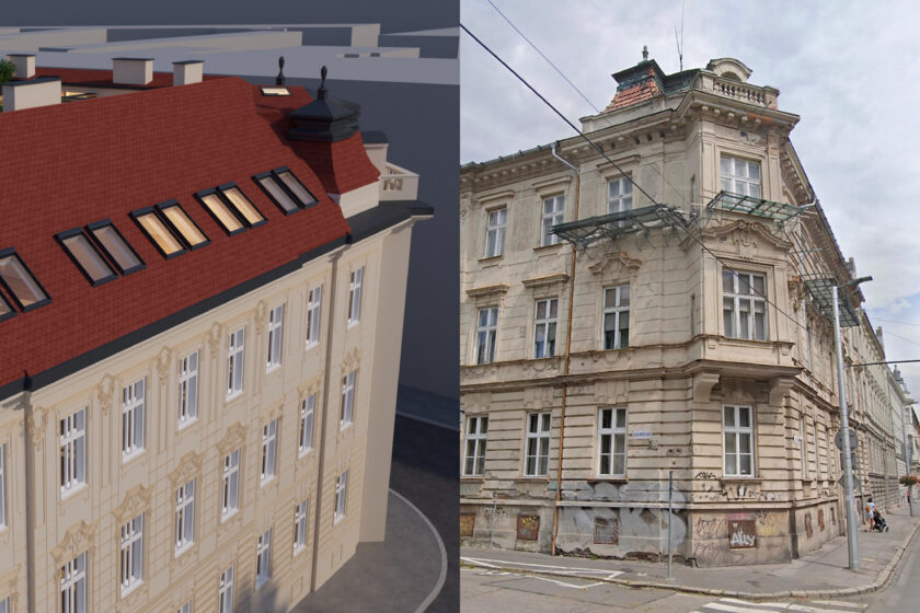 Budúca podoba budovy (vľavo) a súčasný vizuál objektu (vpravo)
