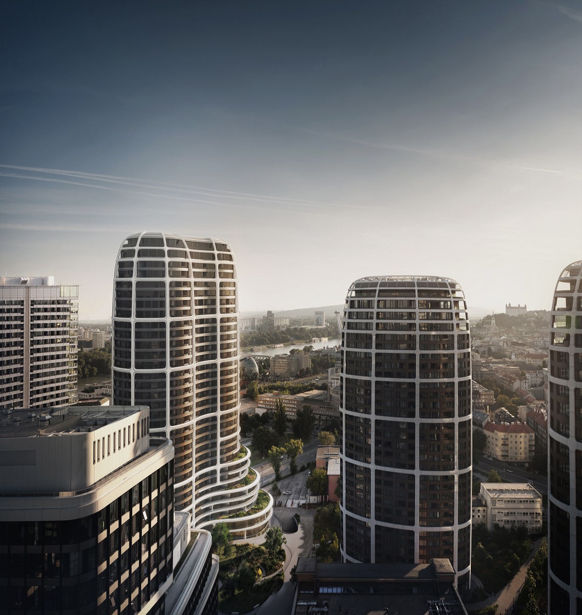 Vizualizácia budúcej podoby výškovej Sky Park Tower v bratislavskom downtowne.