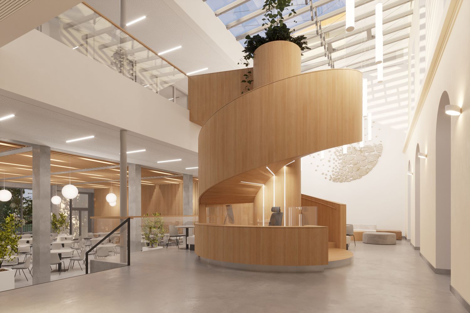 Dominantu v zdieľanom priestore gymnázia a Školy umeleckého priemyslu v Kežmarku predstavuje a točité schodisko v tvare špirály