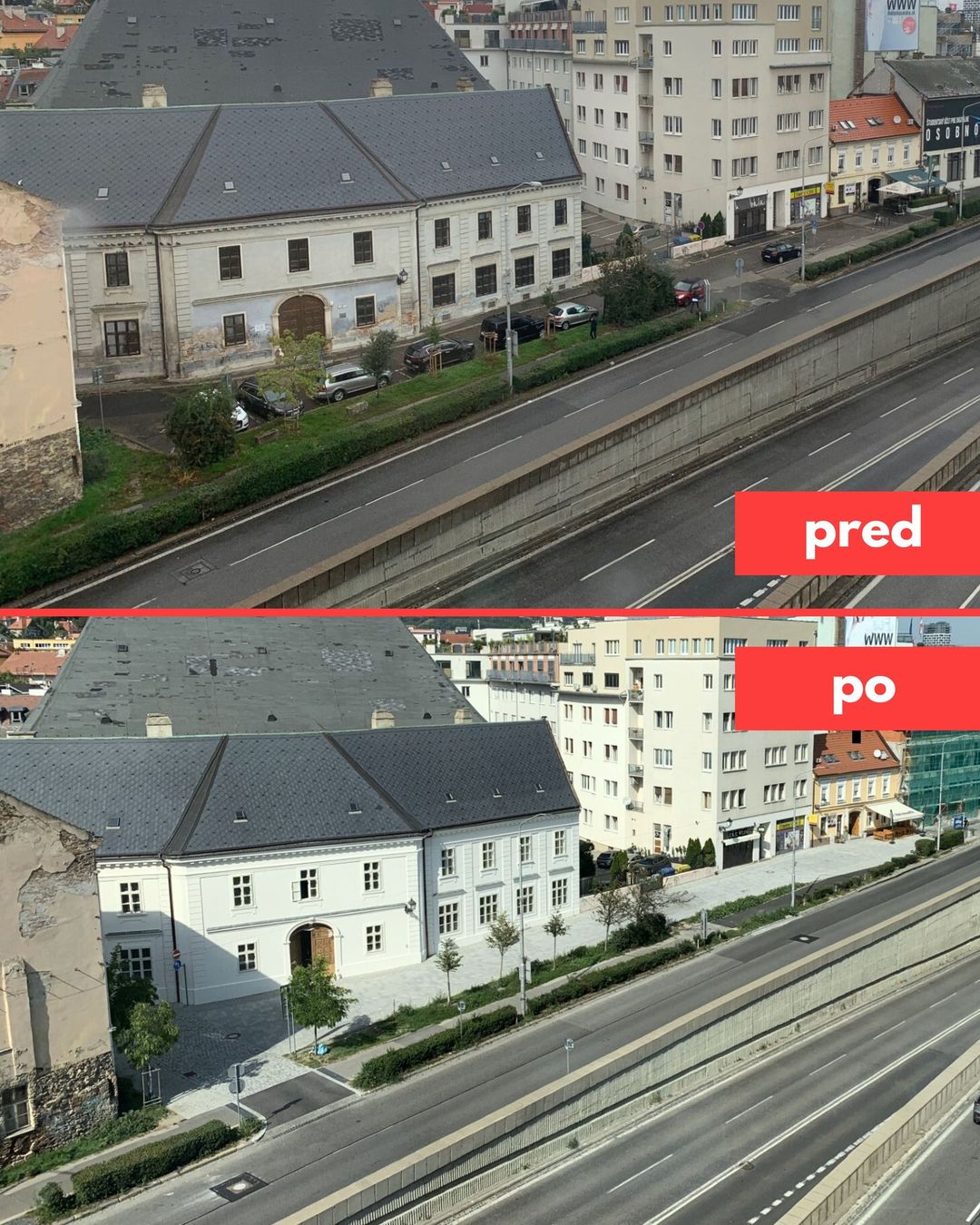 Pôvodný stav Starého Lýcea a Konventnej ulice (hore) oproti novému stavu budovy i ulice (dole)