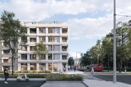 Projekt Kvarter - finálna architektonická podoba domu. V pozadí vidieť Zimný štadión Ondreja Nepelu