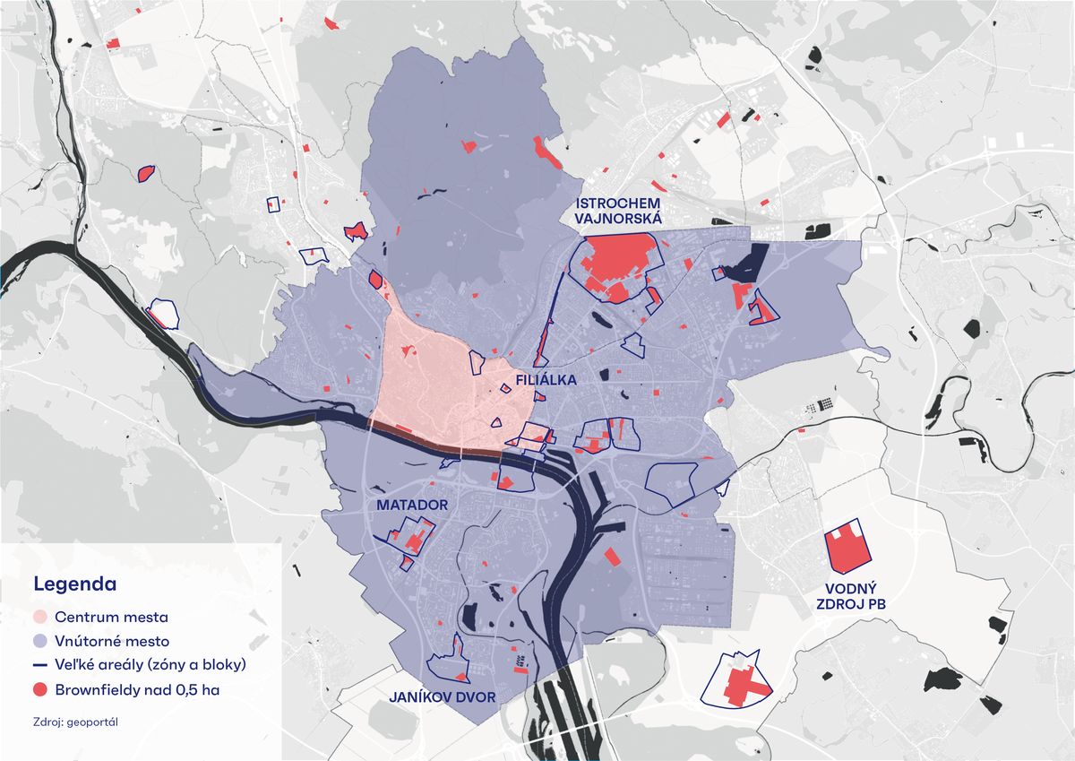 Mapa podľa urbanistickej štúdie Brownfieldy na území hlavného mesta SR Bratislavy.
